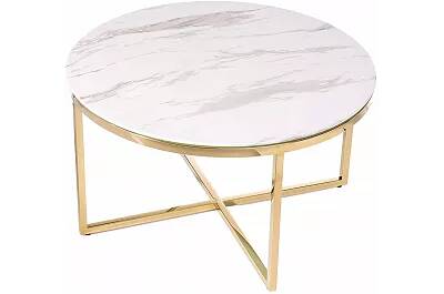 Table basse design en verre aspect marbre blanc et acier doré