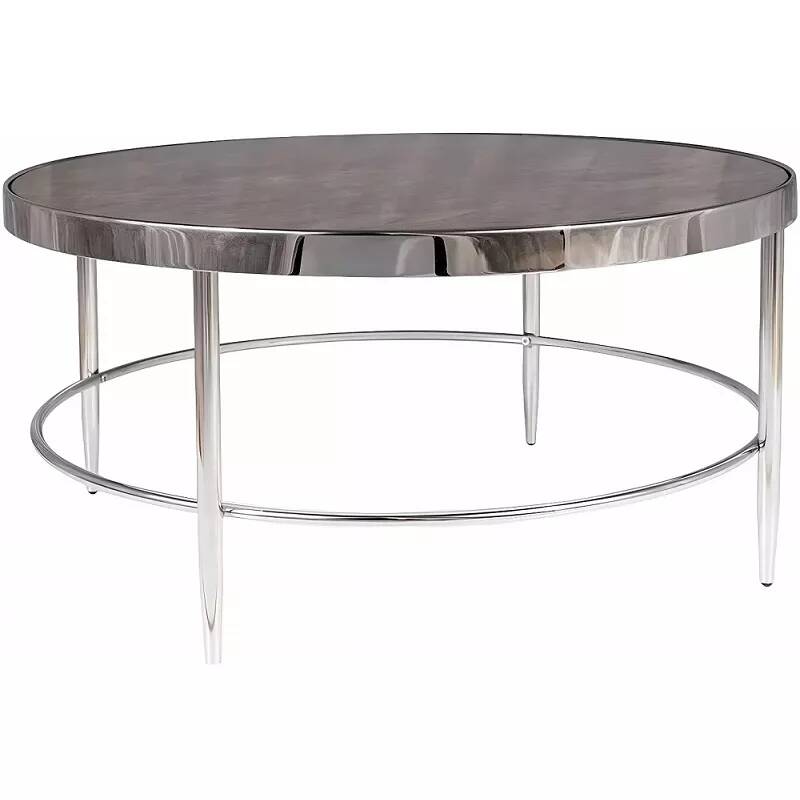Table basse design en verre aspect marbre et métal chromé