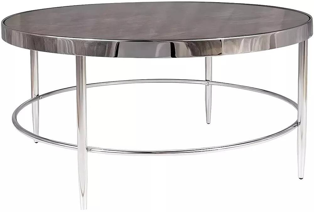 Table basse design en verre aspect marbre et métal chromé