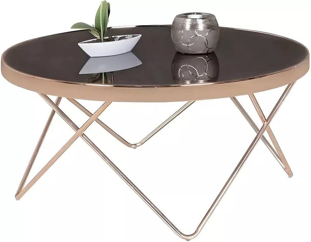 Table basse design en verre trempé noir et acier cuivré