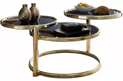 Table basse design 3 plateaux en verre trempé noir et acier doré