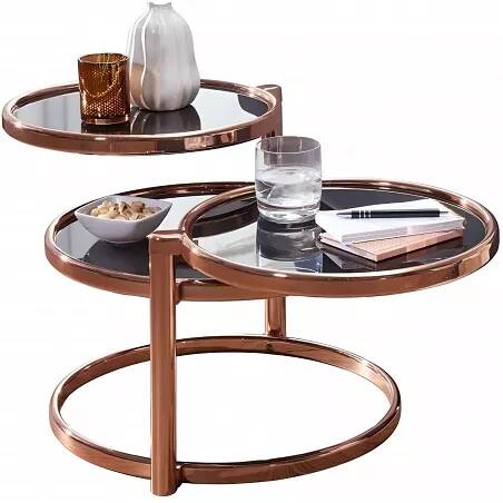 Table basse design 3 plateaux en verre trempé noir et acier cuivré