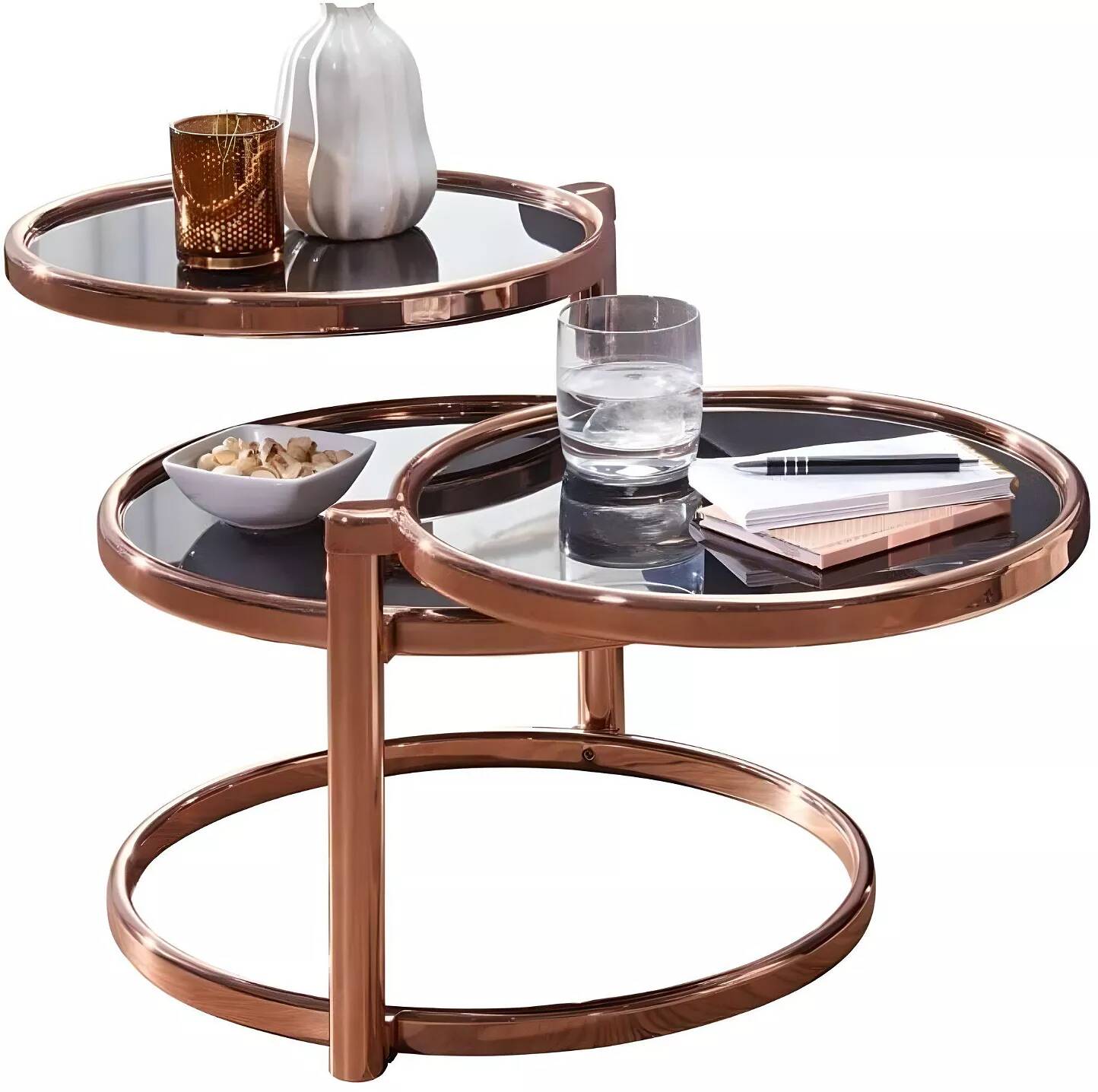 Table basse design 3 plateaux en verre trempé noir et acier cuivré
