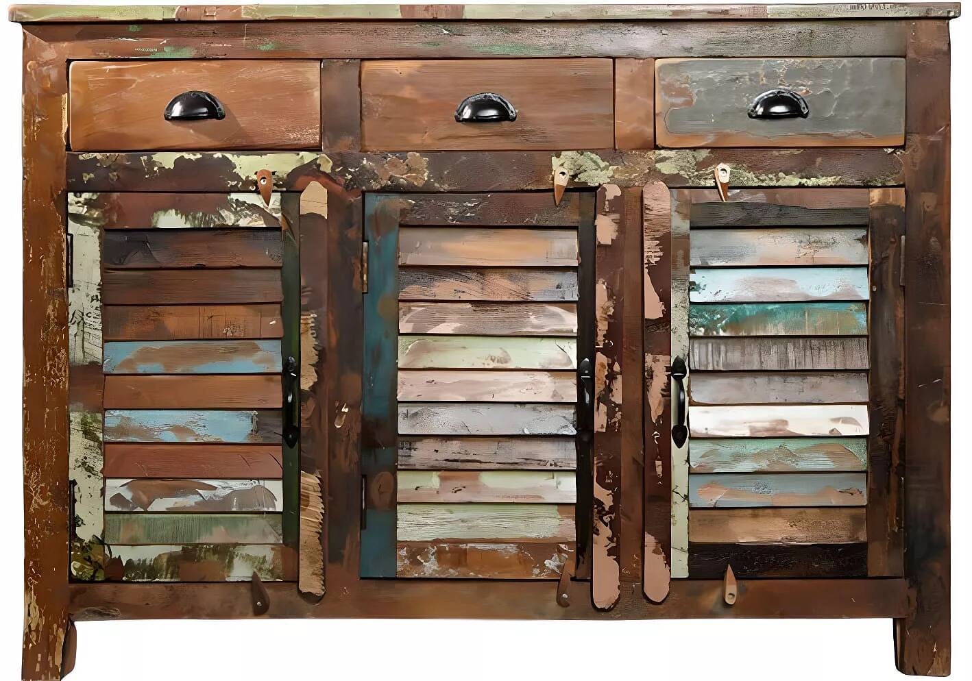Buffet en bois massif recyclé multicolore 3 portes et 3 tiroirs
