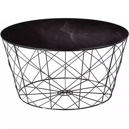 Table basse design en verre aspect marbre noir en métal noir Ø80
