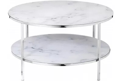 Table basse en verre double plateau aspect marbre blanc et métal chromé Ø80