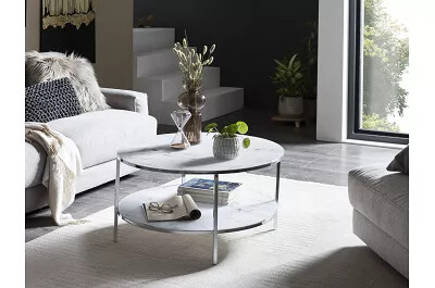 Table basse en verre double plateau aspect marbre blanc et métal chromé Ø80