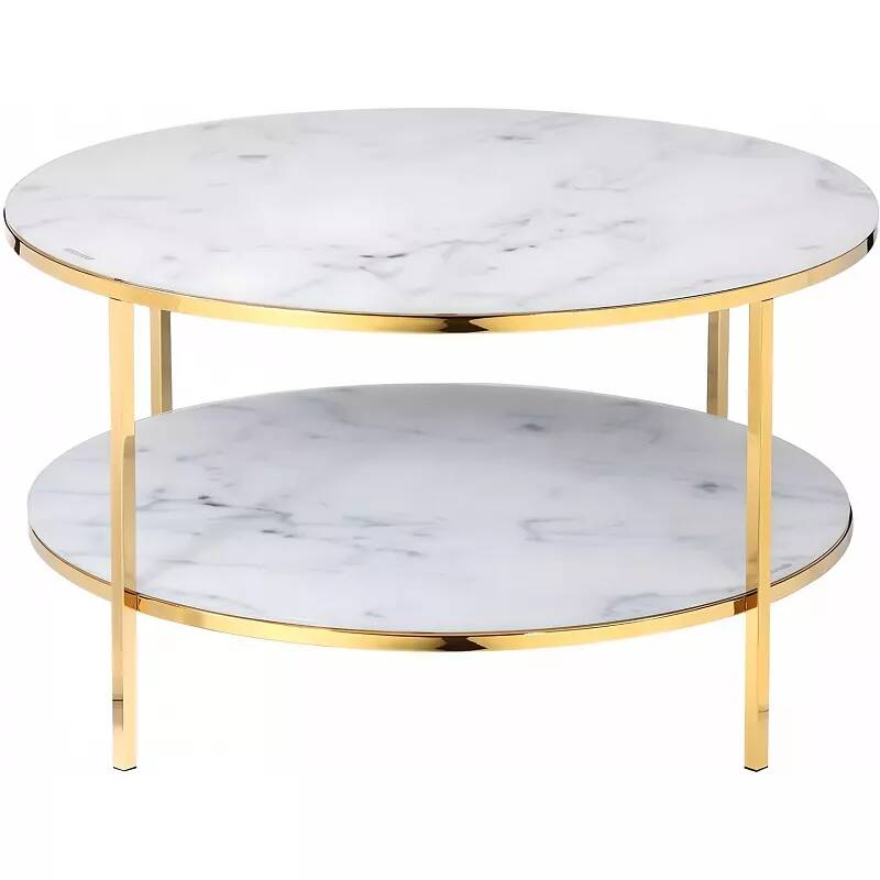 Table basse en verre double plateau aspect marbre blanc et métal doré Ø80