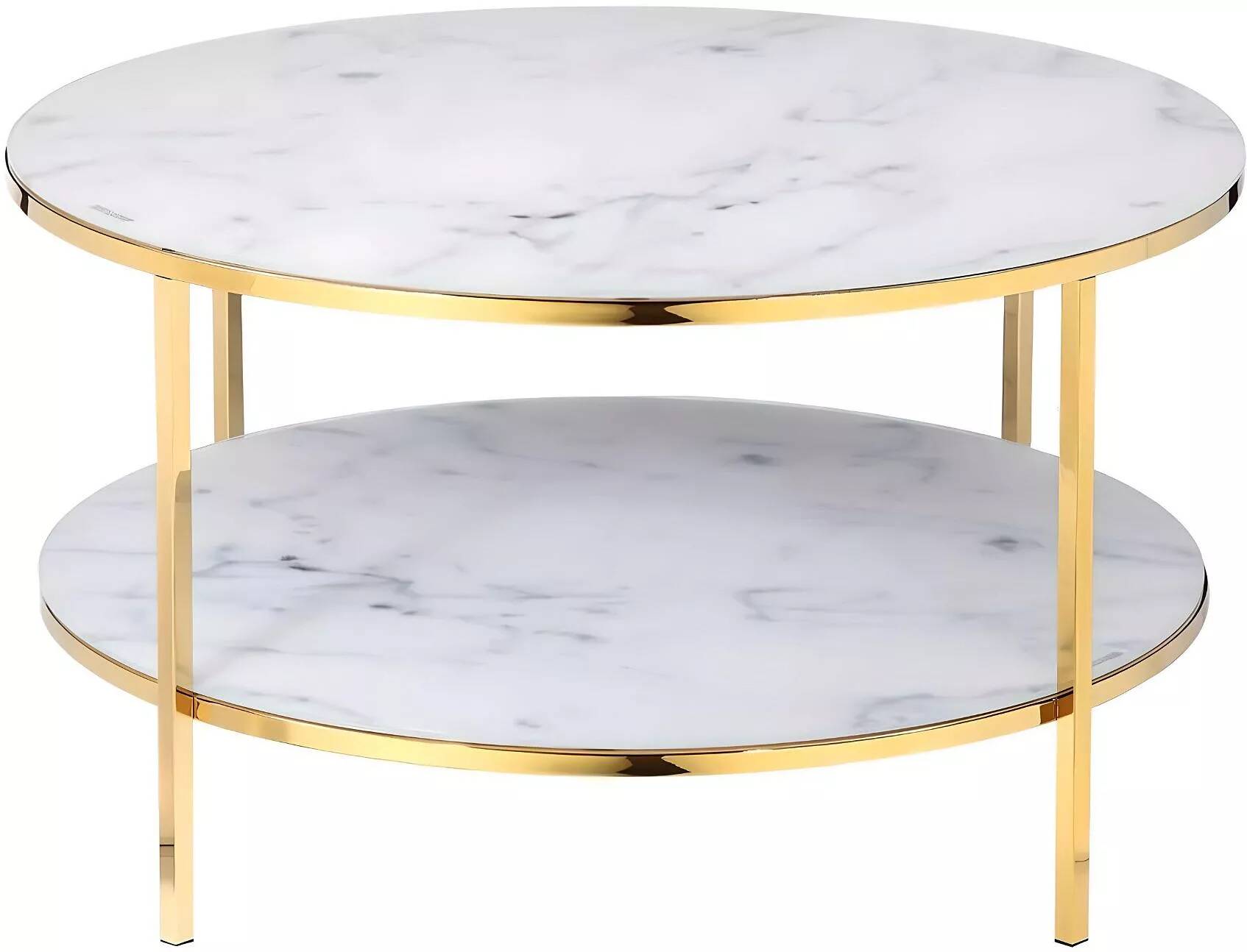 Table basse en verre double plateau aspect marbre blanc et métal doré Ø80