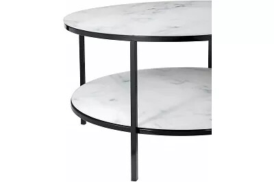 Table basse en verre double plateau aspect marbre blanc et métal noir Ø80
