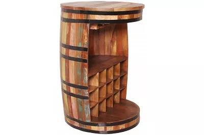 Meuble de bar en forme de tonneau en bois recyclé multicolore laqué