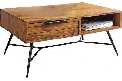 Table basse en bois massif sheesham et métal noir mat 1 tiroir et 1 compartiment