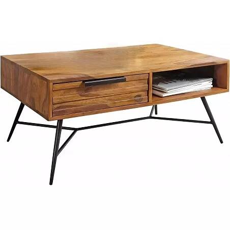 Table basse en bois massif sheesham et métal noir mat 1 tiroir et 1 compartiment