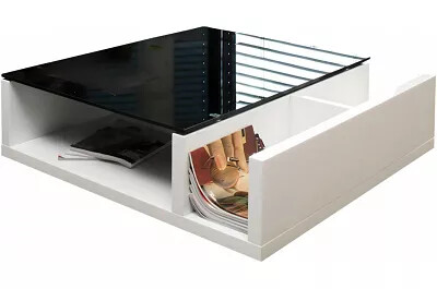 Table basse design blanc laqué et verre noir L100