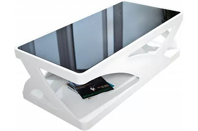 Table basse design blanc laqué et verre noir L120