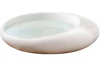 1811 - 130702 - Table basse design en fibre de verre blanc laqué et verre opaque Ø100
