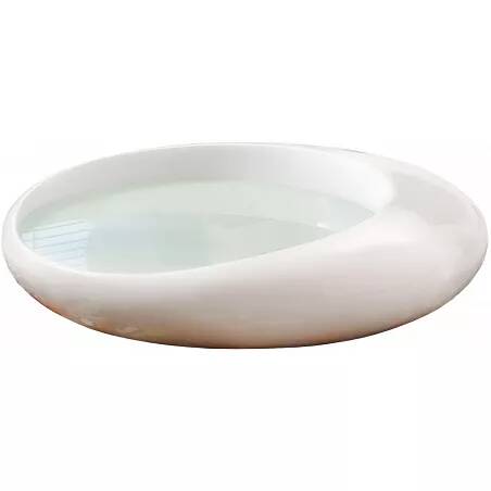 Table basse design en fibre de verre blanc laqué et verre opaque Ø100