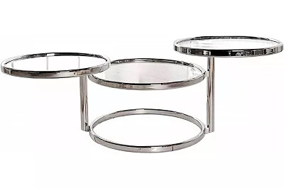 Table basse design en verre et métal chromé 3 plateaux Ø55