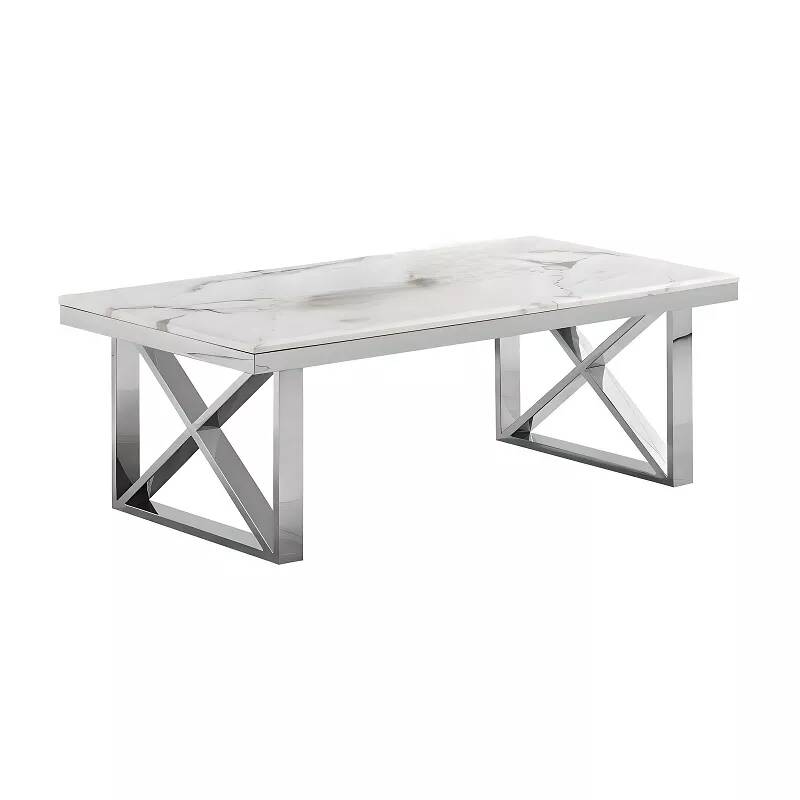 Table basse design aspect marbre blanc et acier chromé L130