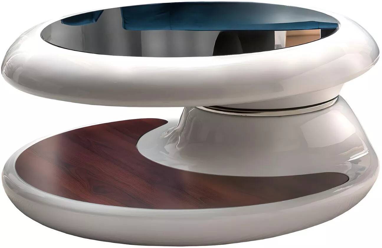Table basse design plateau pivotant blanc laqué et verre noir Ø90