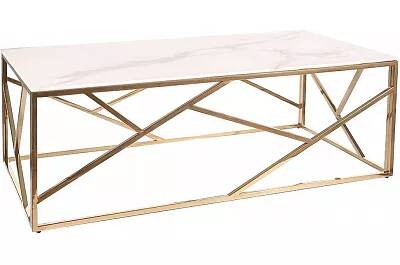 Table basse design en verre aspect marbre blanc et acier doré
