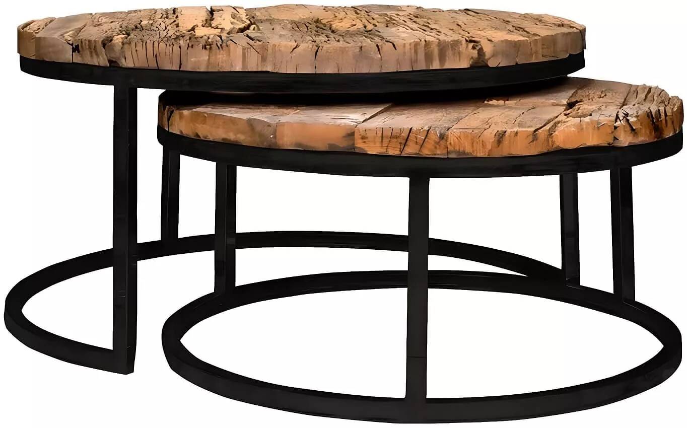 Set de 2 tables basses gigognes en bois recyclé et acier noir