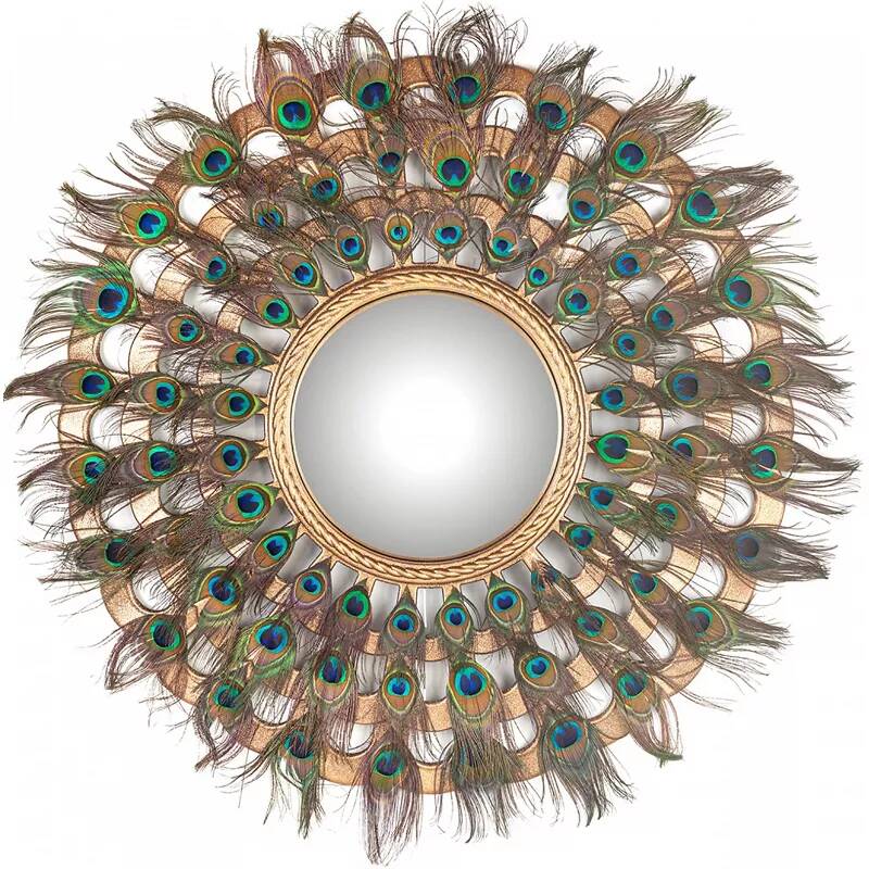 Miroir design en métal doré et plumes multicolores