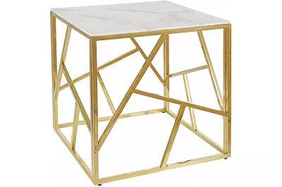 Table d'appoint en acier doré et verre aspect marbre blanc Ø55