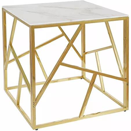 Table d'appoint en acier doré et verre aspect marbre blanc Ø55