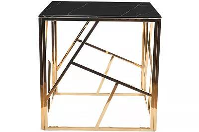 Table d'appoint en acier doré et verre aspect marbre noir Ø55