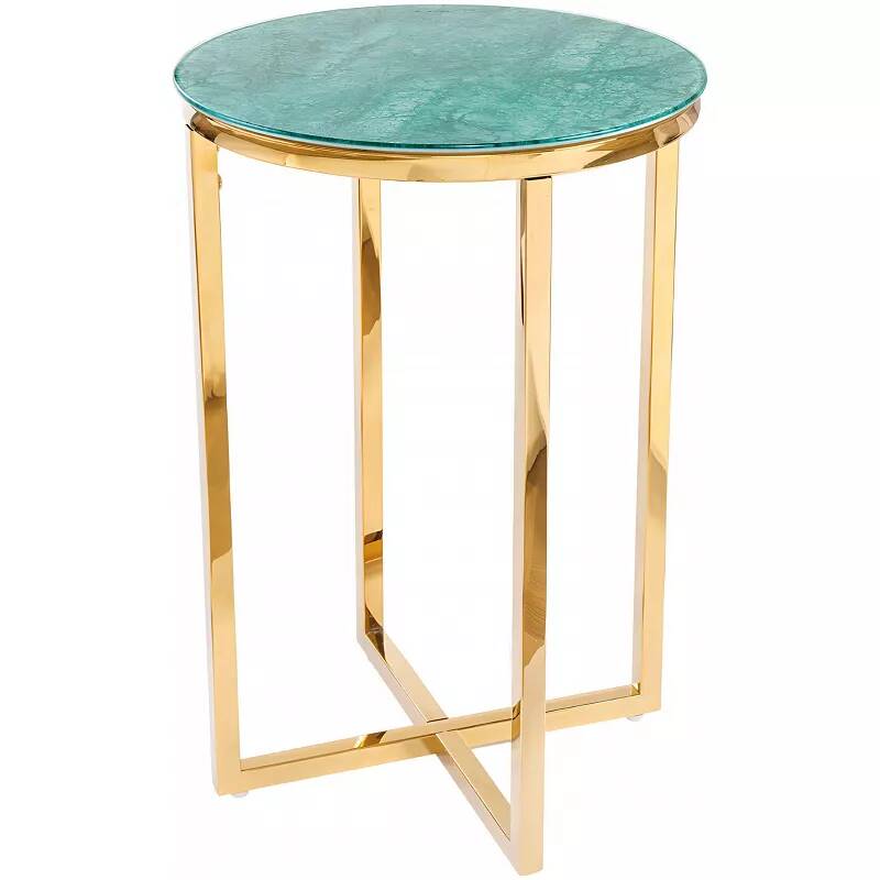 Table d'appoint en métal doré et verre aspect marbré vert et doré