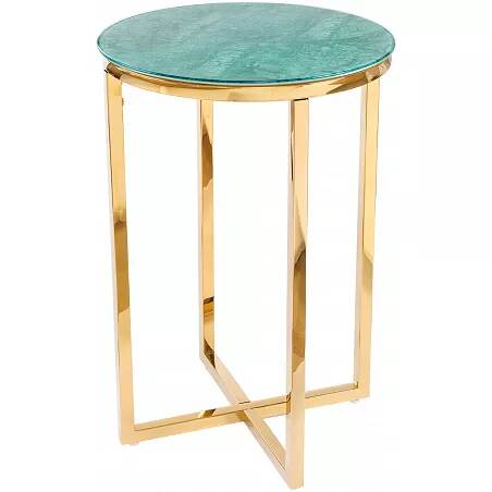 Table d'appoint en métal doré et verre aspect marbré vert et doré