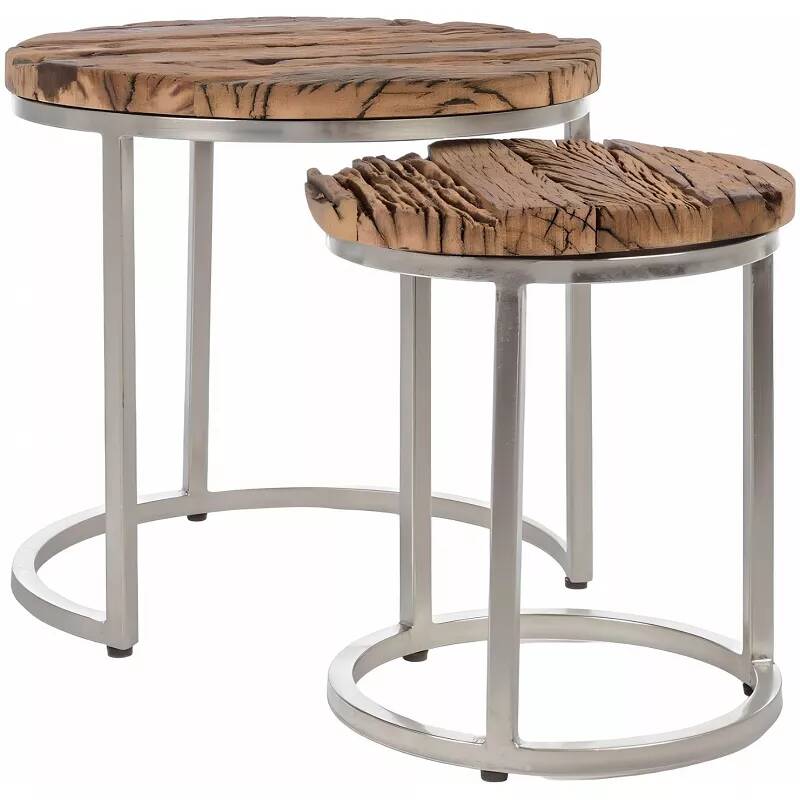 Set de 2 tables d'appoint gigogne en bois recyclé et acier chromé