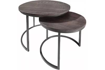 Set de 2 tables d'appoint gigognes en bois massif manguier gris et métal noir