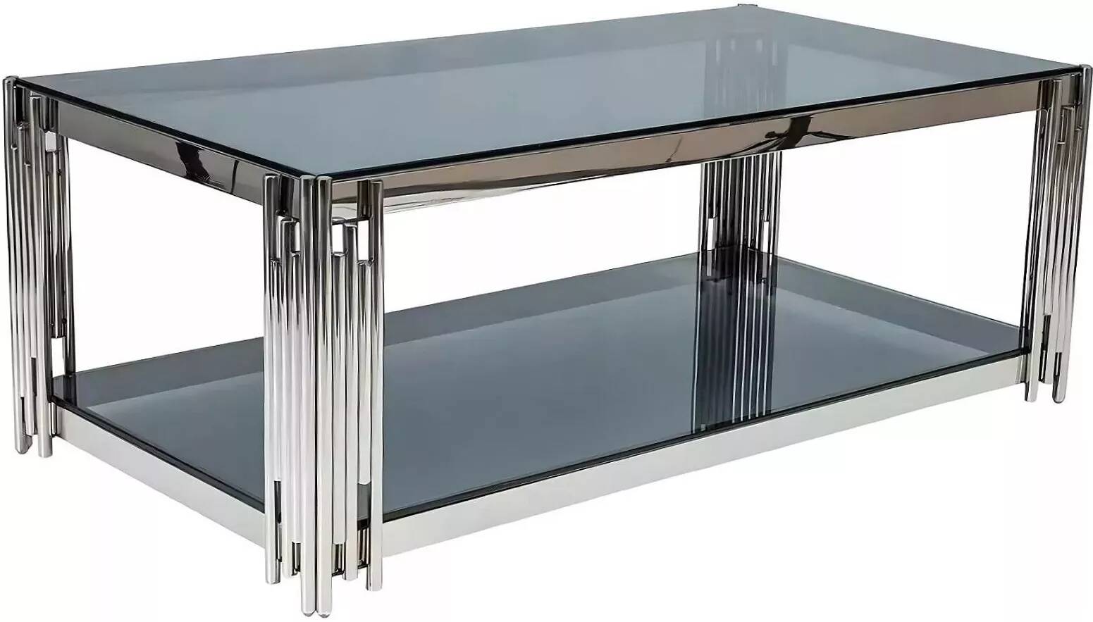 Table basse design en verre fumé et acier chromé