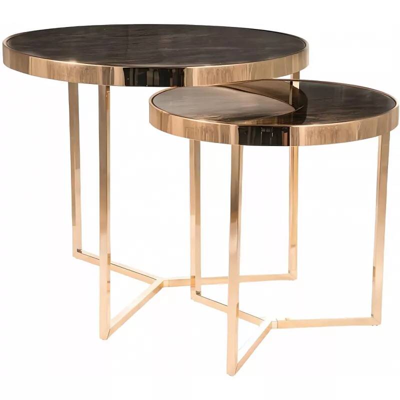 Set de 2 tables d'appoint design aspect marbre taupe et métal doré
