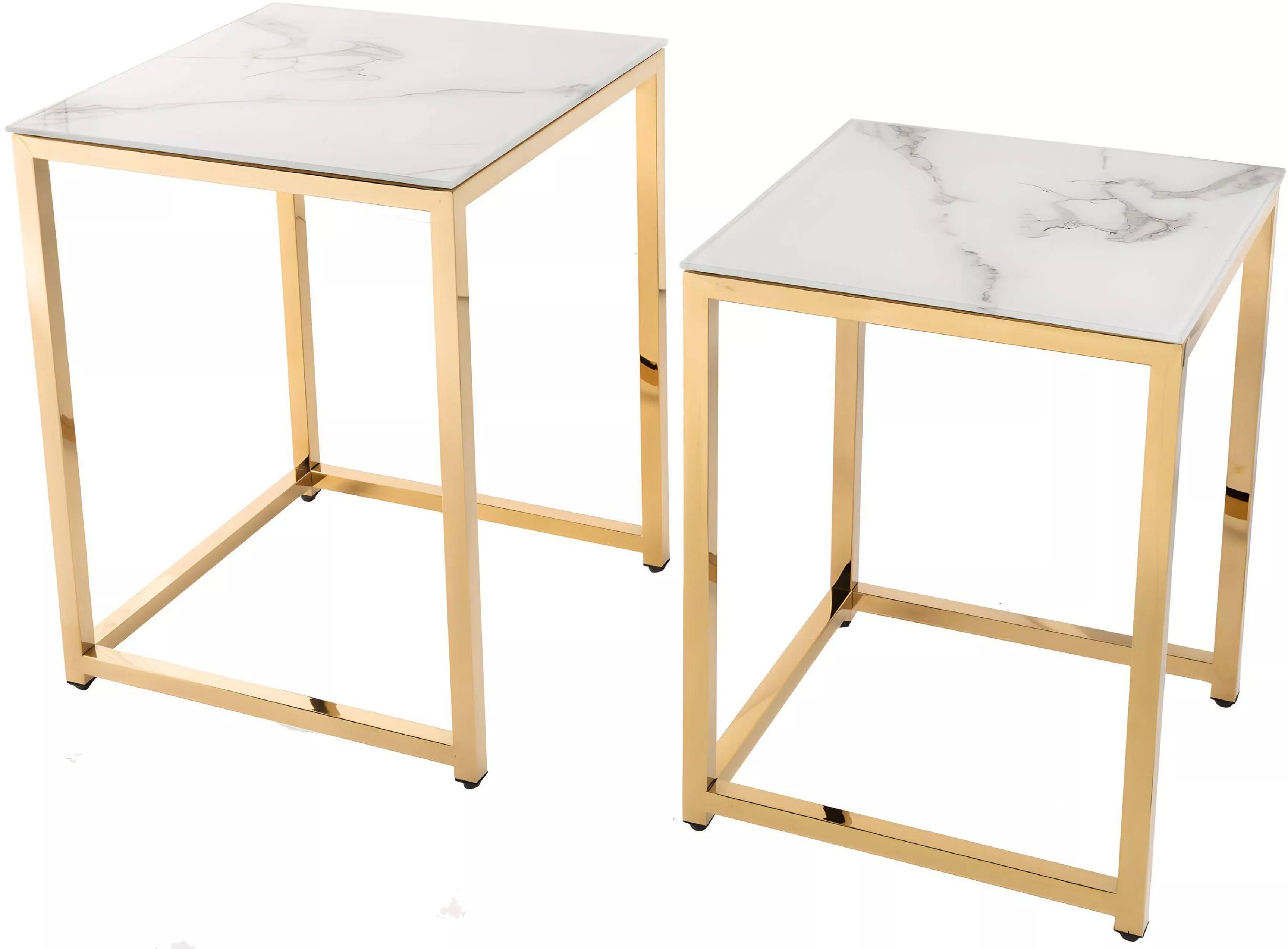 Set de 2 tables d'appoint gigognes en métal doré et verre aspect marbre blanc