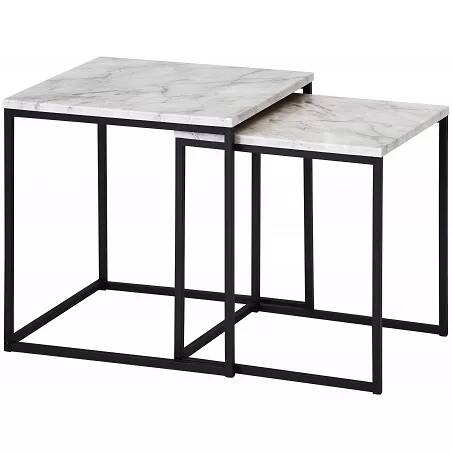 Set de 2 tables d'appoint gigognes en acier noir et aspect marbre blanc