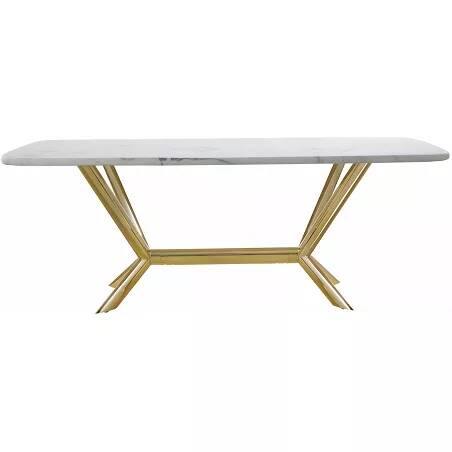 Table de salle à manger aspect marbre blanc et acier doré 200x100