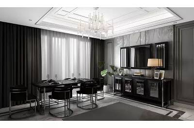 Table de salle à manger en aspect marbre noir et acier chromé 190x100