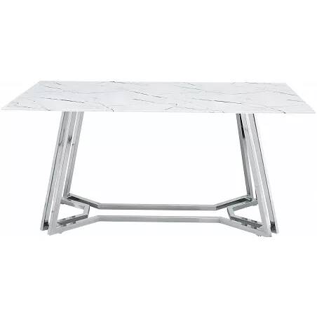 Table de salle à manger en verre aspect marbre blanc et acier chromé