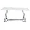 Table de salle à manger en verre aspect marbre blanc et acier chromé