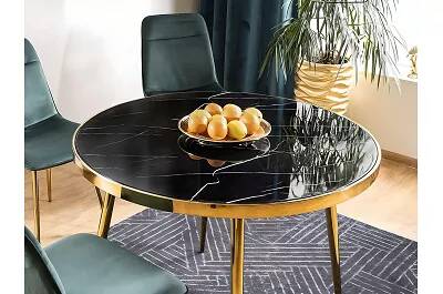 Table de salle à manger en métal doré et aspect marbre noir