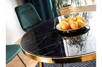 Table de salle à manger en métal doré et aspect marbre noir