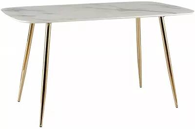 Table de salle à manger en métal doré et verre aspect marbre blanc