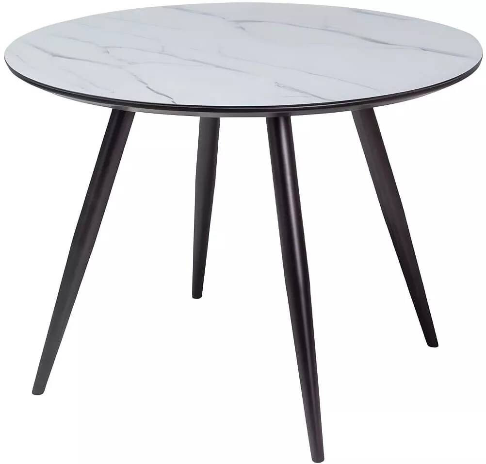 Table de salle à manger en métal noir et verre aspect marbre blanc