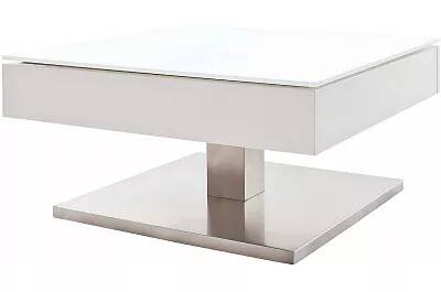 Table basse blanc laqué et plateau en verre opaque pivotant