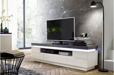 Meuble TV LED design blanc laqué mat aspect béton 5 tiroirs