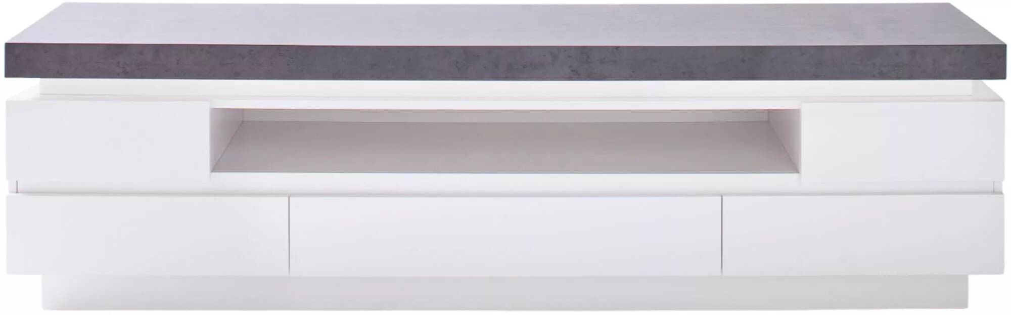 Meuble TV LED design blanc laqué mat aspect béton 5 tiroirs