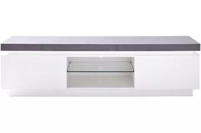 Meuble TV LED design blanc laqué mat aspect béton 2 portes
